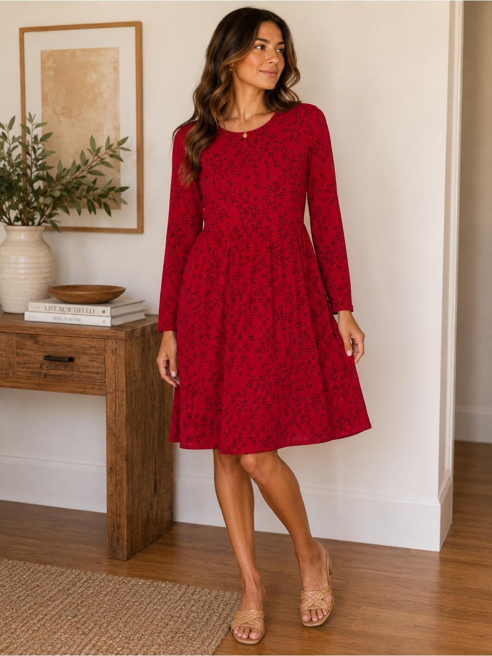 J. Jill Red Long-Sleeve Floral A-Line Dress